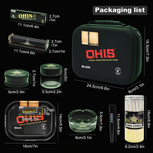 Complete Smoking Kit packaging list with measurements